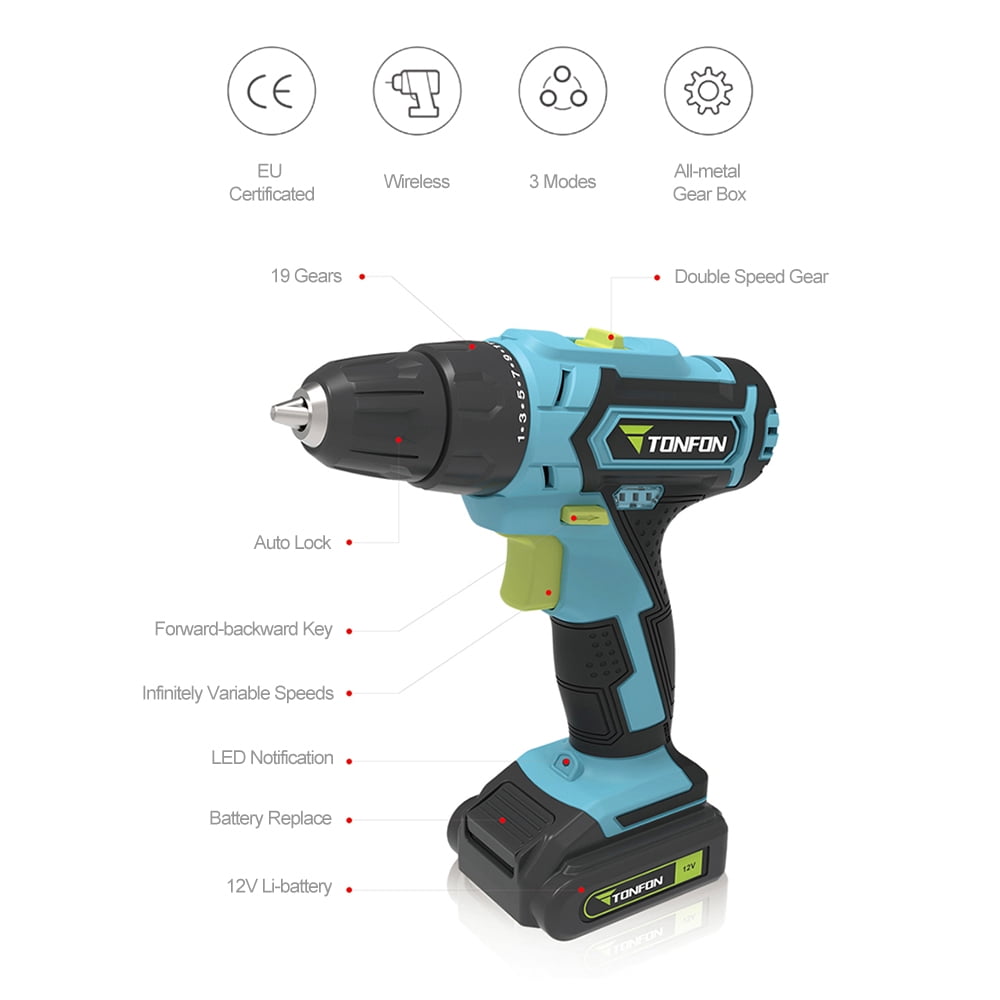 Amdohai Tonfon Wireless Electric Cordless Drill 12V Rechargeable Impact Gill Power Screwdriver With Bits 1500mAh Battery