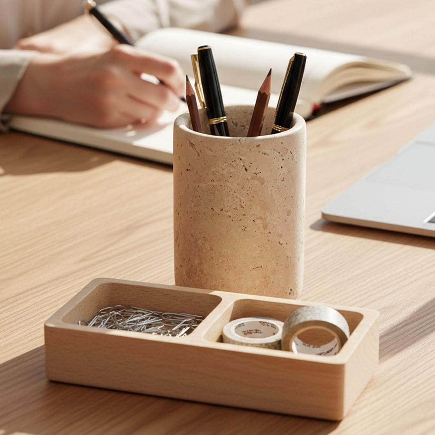 Radicaln Travertine Marble Stationary Holder 4" – Pencil Stand for Desk, Makeup Brush Holder, Toothbrush Organizer, Office Supplies Caddy, Minimalist Décor