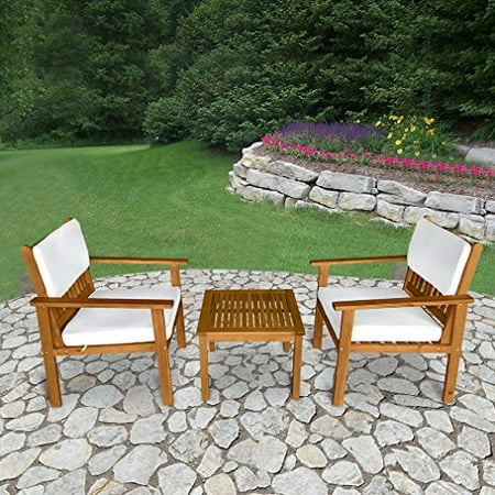 3-Piece Acacia Wood Patio Bistro Set Outdoor Chat Conversation Table Chair Set Outdoor Wood Chat Set with Water Resistant Cushions and Coffee Table Chairs for Beach Backyard Balcony Garden, Natural