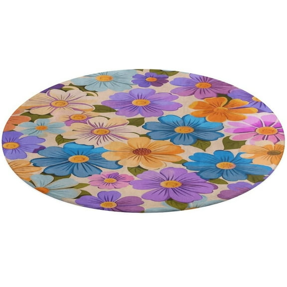 Floral Colorful Flower Washable Round Rug -Circle Area Rugs for Nursery Bedroom, Vintage Non Slip Non Shedding Low Pile Carpet for Living Room Coffee Table Entryway