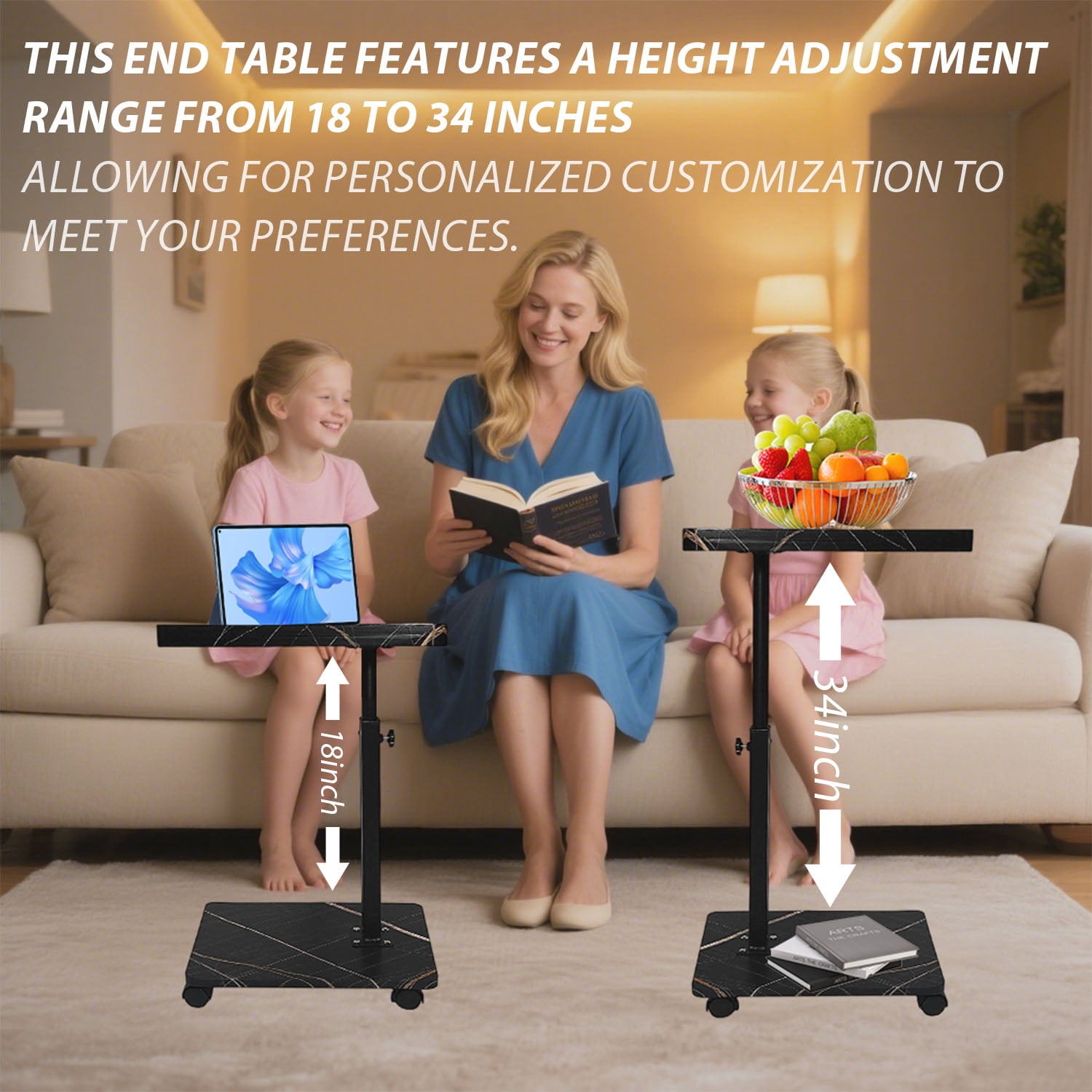 ManyFun C Table End Table Adjustable Heigh Durable MDF Top, Steel Frame, Universal Wheels, Multifunctional Tea Table-(Black and Gold)