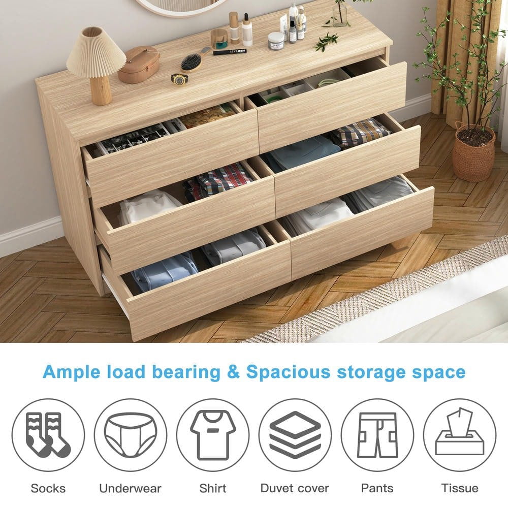 Resenkos 6-Drawer Dresser, Light Woodgrain Chest, Spacious Storage, 150lb Top Capacity, Smooth Metal Slides, Brown
