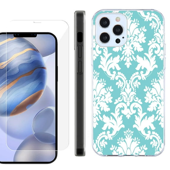 Slim Fit Protective Phone Case for Apple iPhone 12 / iPhone 12 Pro, with Tempered Glass Screen Protector, by OneToughShield ® - Victorian White/Teal