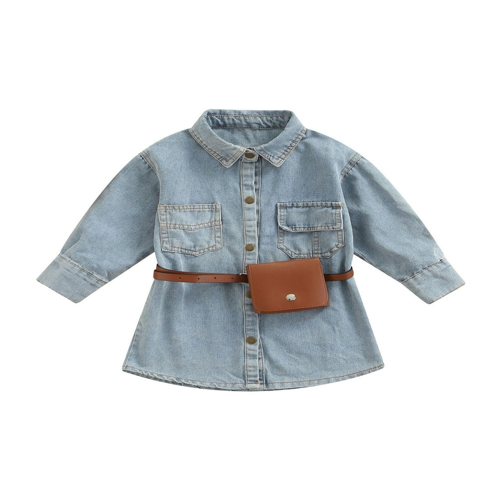 Kids Girls Denim Dress 2pcs Long Sleeve Turn Down Collar Single Breasted A line Dress with Belt Light Blue 2 3 Years