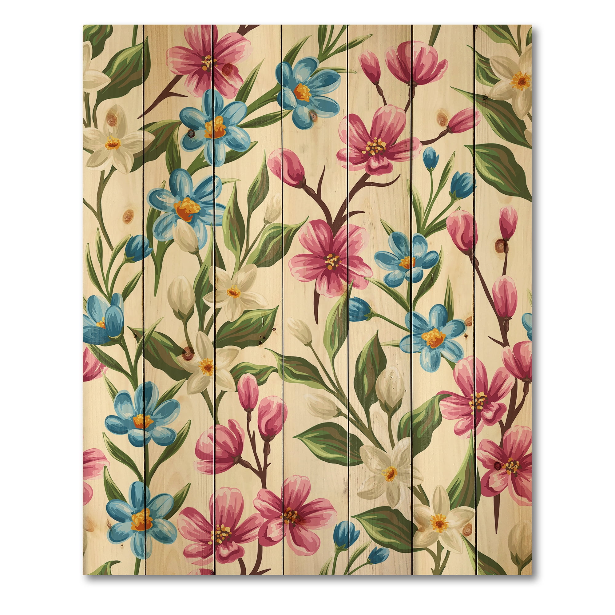 Designart 'Vintage Blue and Pink Wildflowers' Traditional Print on Natural Pine Wood