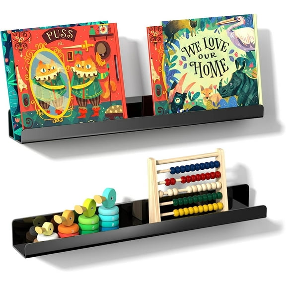 NiHome 2-Pack 16.9" Magnetic Acrylic Floating Bookshelves for Whiteboard, Large Picture Display Sleek Fridge Shelves File Holder Easy to Clean Hold up to 8.5 lbs (Black)