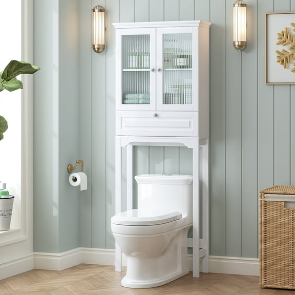 STAROUS Over-the-Toilet Storage Cabinet with Muro Glass Doors & Tilt-Out Cube, White