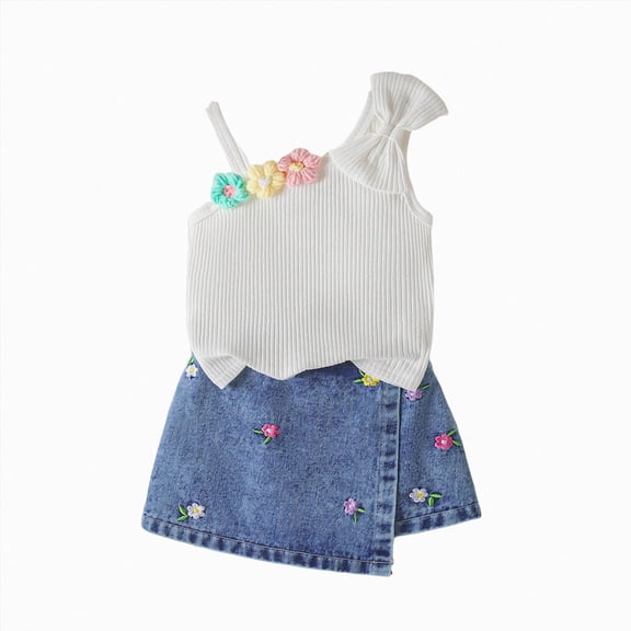 WUANDIXFA Girls Spring Outfits Kid Toddler Girls Denim Outfit Flower Vest Tops and Skirts Set 2Pcs Summer Clothes 9-12 Months,White
