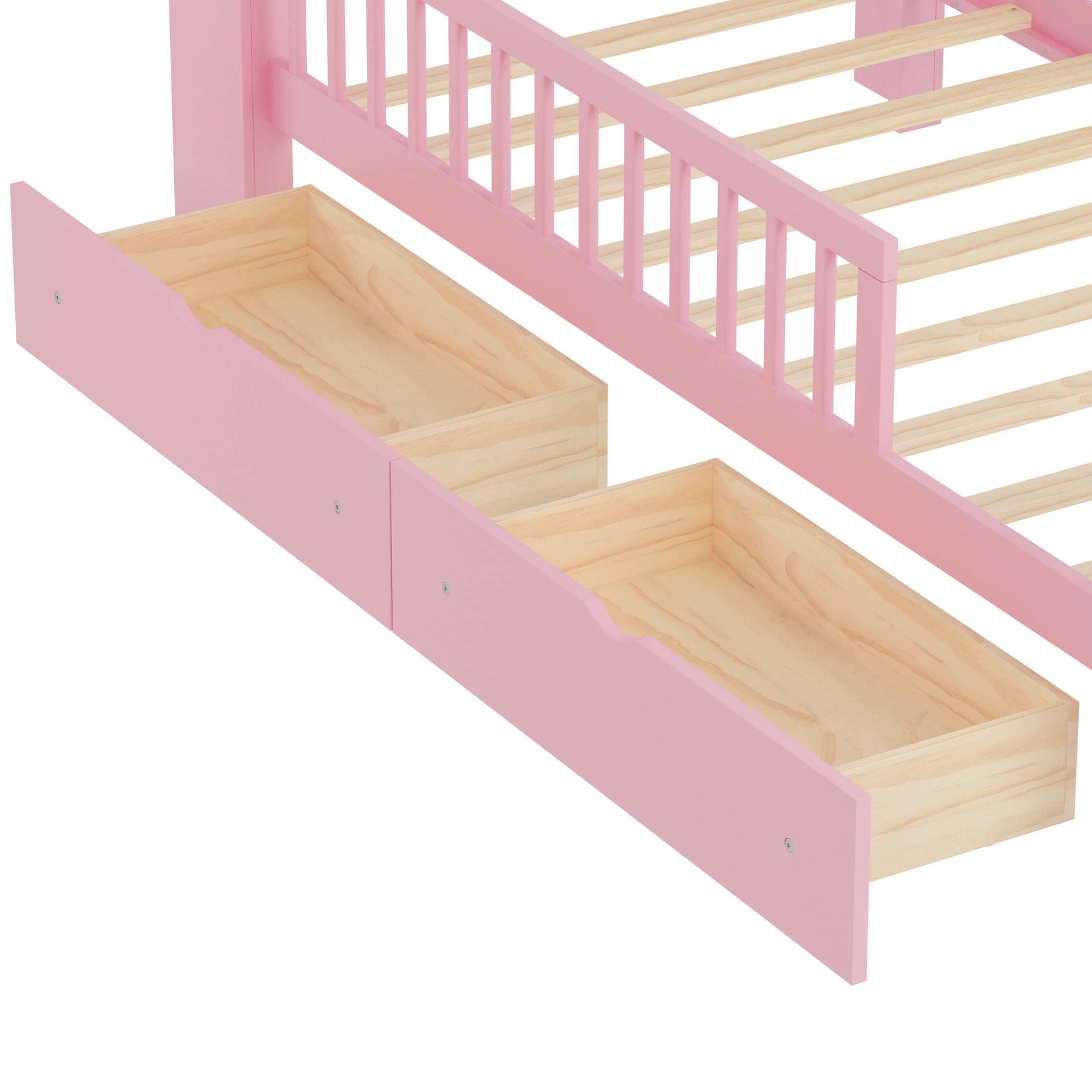Noble House Twin Bed Frame with Headboard Storage Rack, 2 Drawers, and Safety Guardrails, Pink