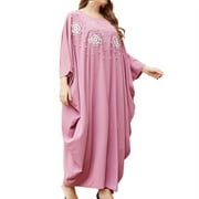 GENEMA Women's Muslim Fashion Ramadan Eid Abaya Floral Printting Casual Clothing Loose Comfortable with Long Bawting Sleeve