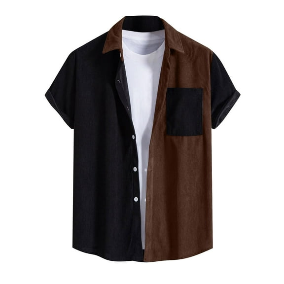 Baqcunre Graphic Tees Men Men'S Patchwork Youth Lapel Short Sleeved Shirt Corduroy Lapel Striped Short Sleeved Shirt Flannels For Men Tops For Men Brown L