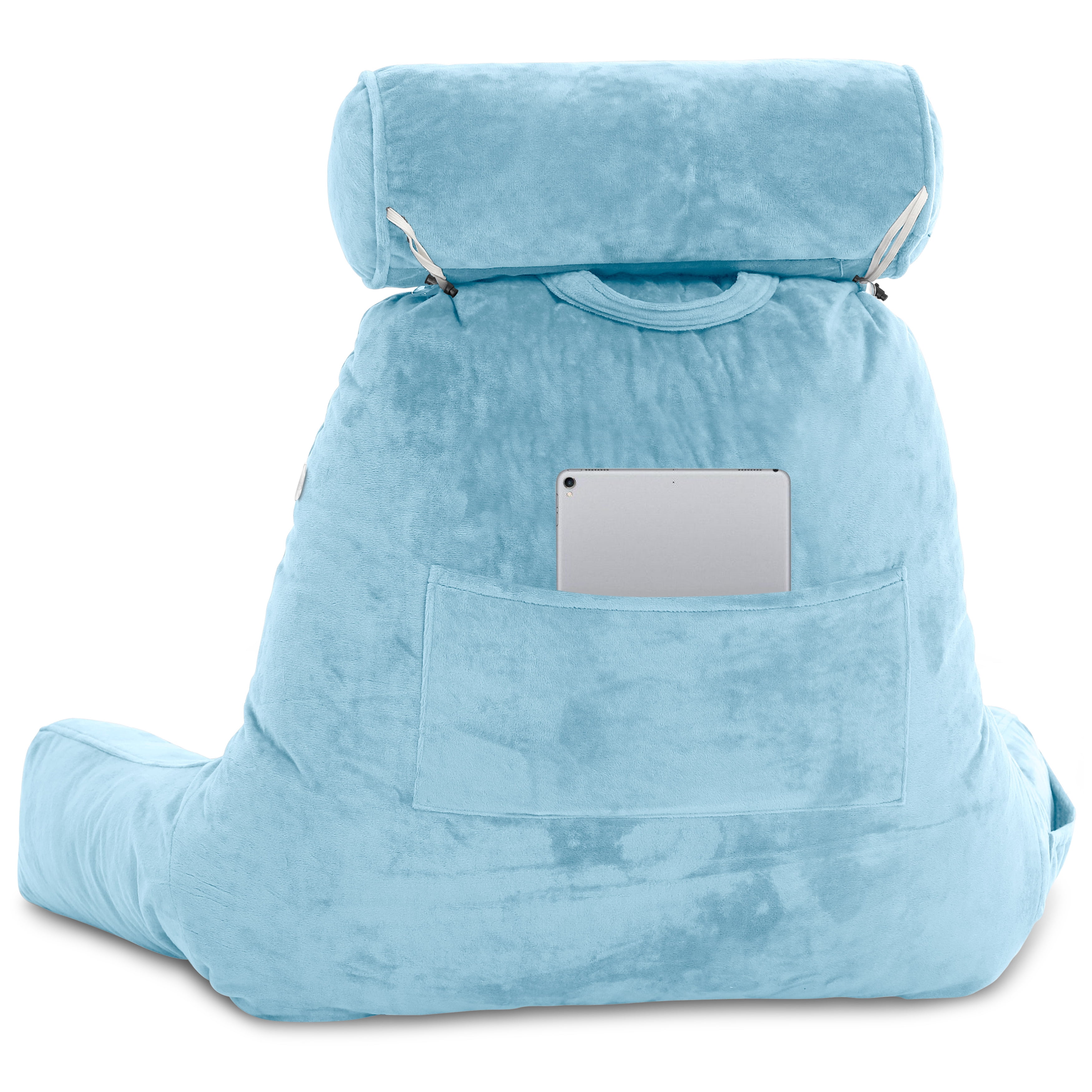 Husband Pillow Medium Carolina Blue, Backrest for Kids, Teens, Petite Adults - Reading Pillows With Arms, Adjustable Plush Memory Foam, Bed Rest Chair Sitting Up, Detach Neck Roll, Removable Cover