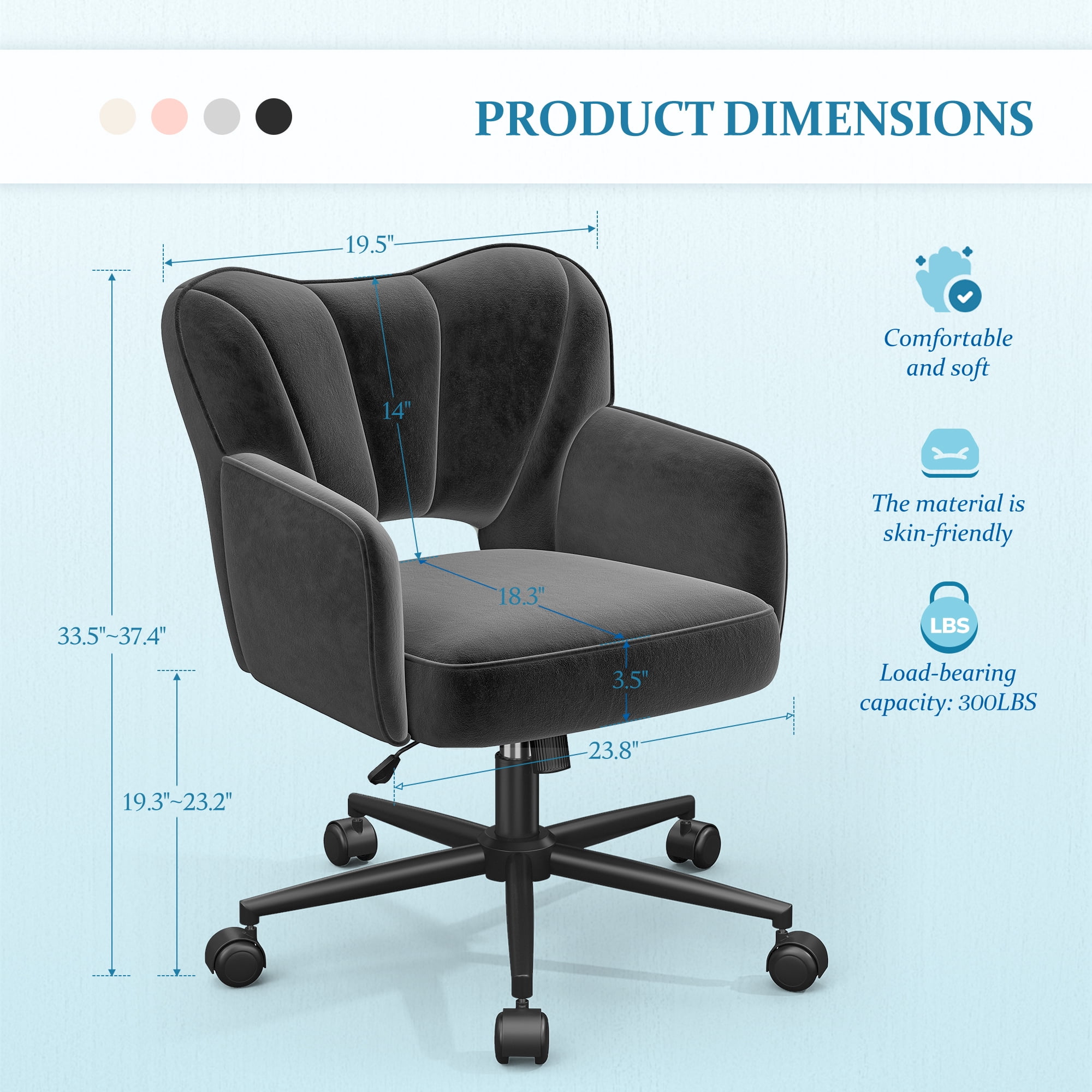 Romorgniz Vanity Chair with Wheels & Back Desk Chair Adjustable Height for Makeup, Work & Relaxation, Black