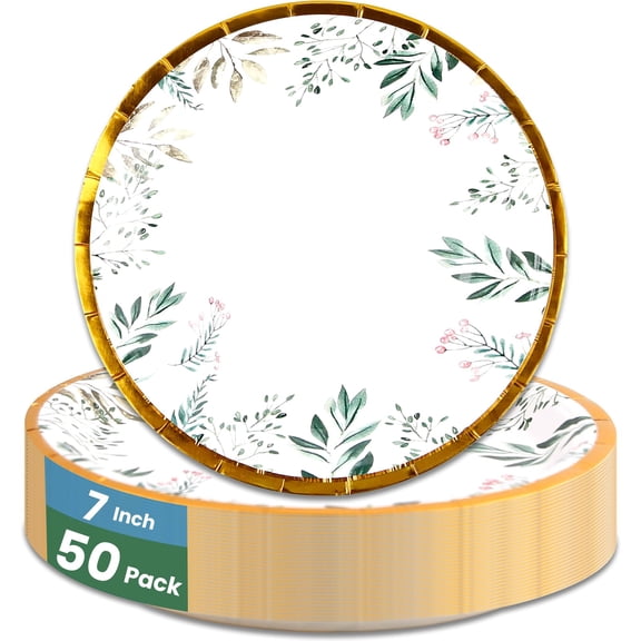 VXYW 50 Count Disposable Paper Plates, AFN17 inch Party Dessert Plates, Elegant Plant Plate, Supplies Plates for Graduation, Birthday, Cocktail Party, Bridal Shower, Holiday (Green 2)