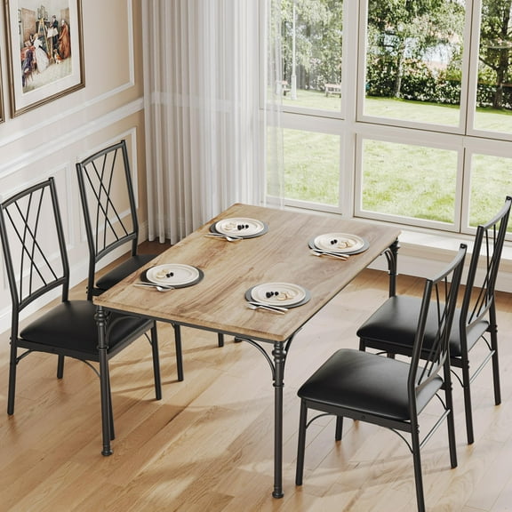 TROPOW Dining Table Set for 4,5-Piece Metal and Wood Indoor Modern Rectangular Dining Table Furniture Set for Kitchen, Dining Room, Dinette, Breakfast Nook w/ 4 Chairs, Wood Grain