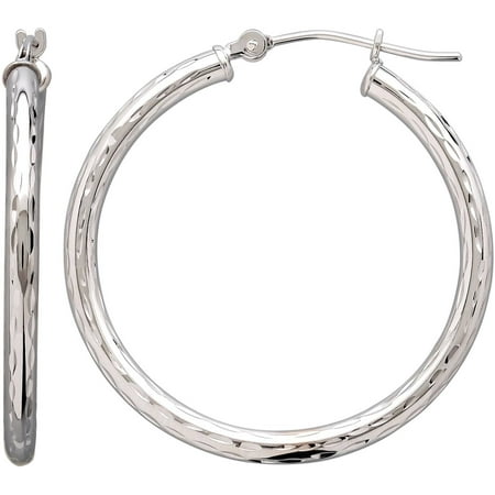 Simply Gold 10K White Gold Polished, Diamond Cut Round Tube Hoop Earrings