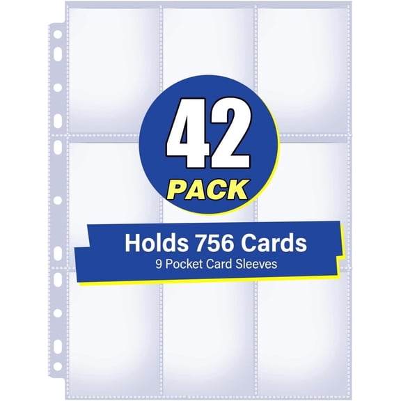 42 Pack Trading Card Binder Sheets, 9-Pocket Double-Sided Pages Holds 756 Cards, Premium Sleeve Protector for 3-Ring Binder, Display & Organize Baseball, Football, TCG, Kpop Cards & Business Cards
