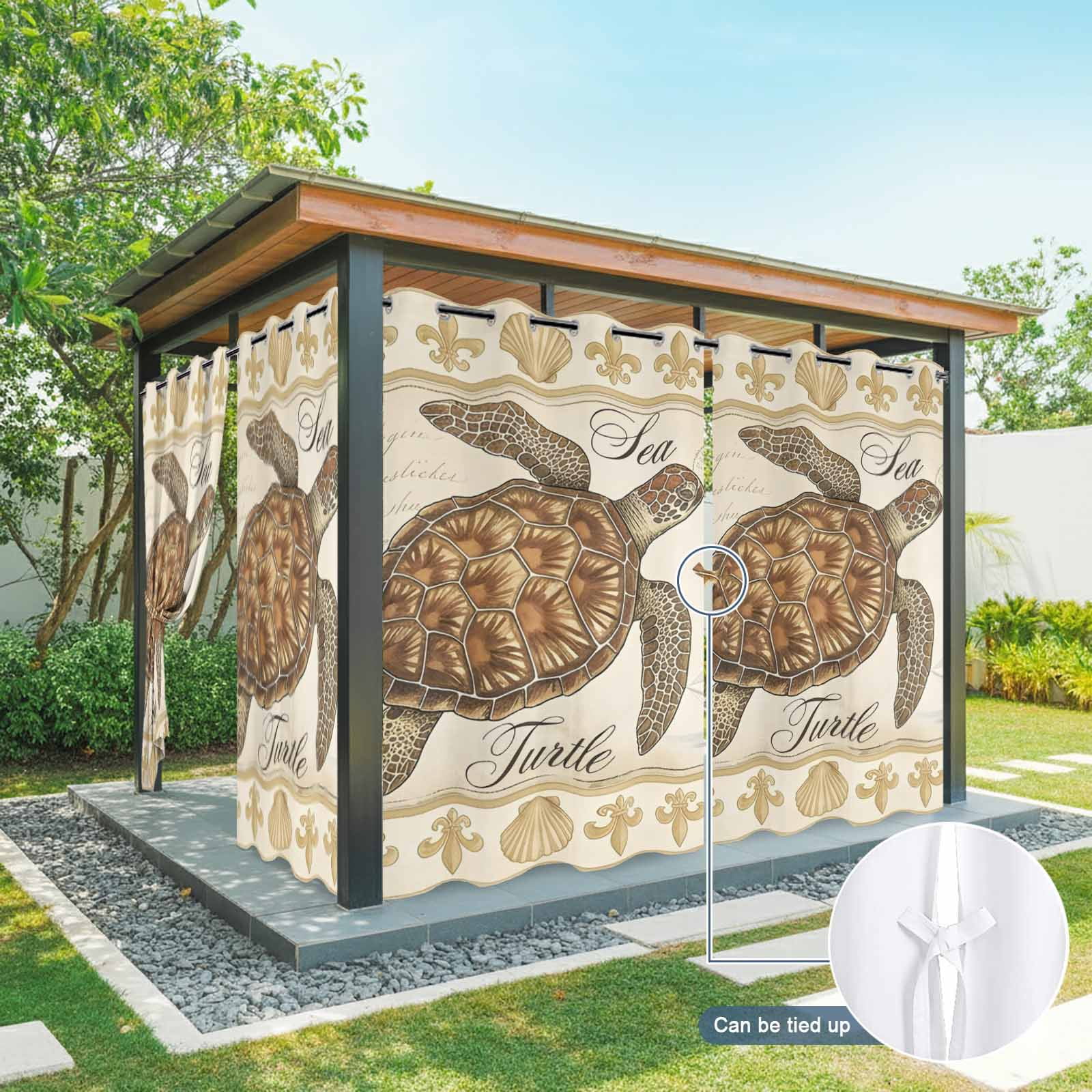 Retro Nautical Outdoor Curtains for Patio, Ocean Beige Brown Sea Turtle Seashell Ship Sunshade Privacy Drapes Grommet Waterproof Outside Curtains for Porch/Cabana/Balcony 54"x 108", 1 Panel