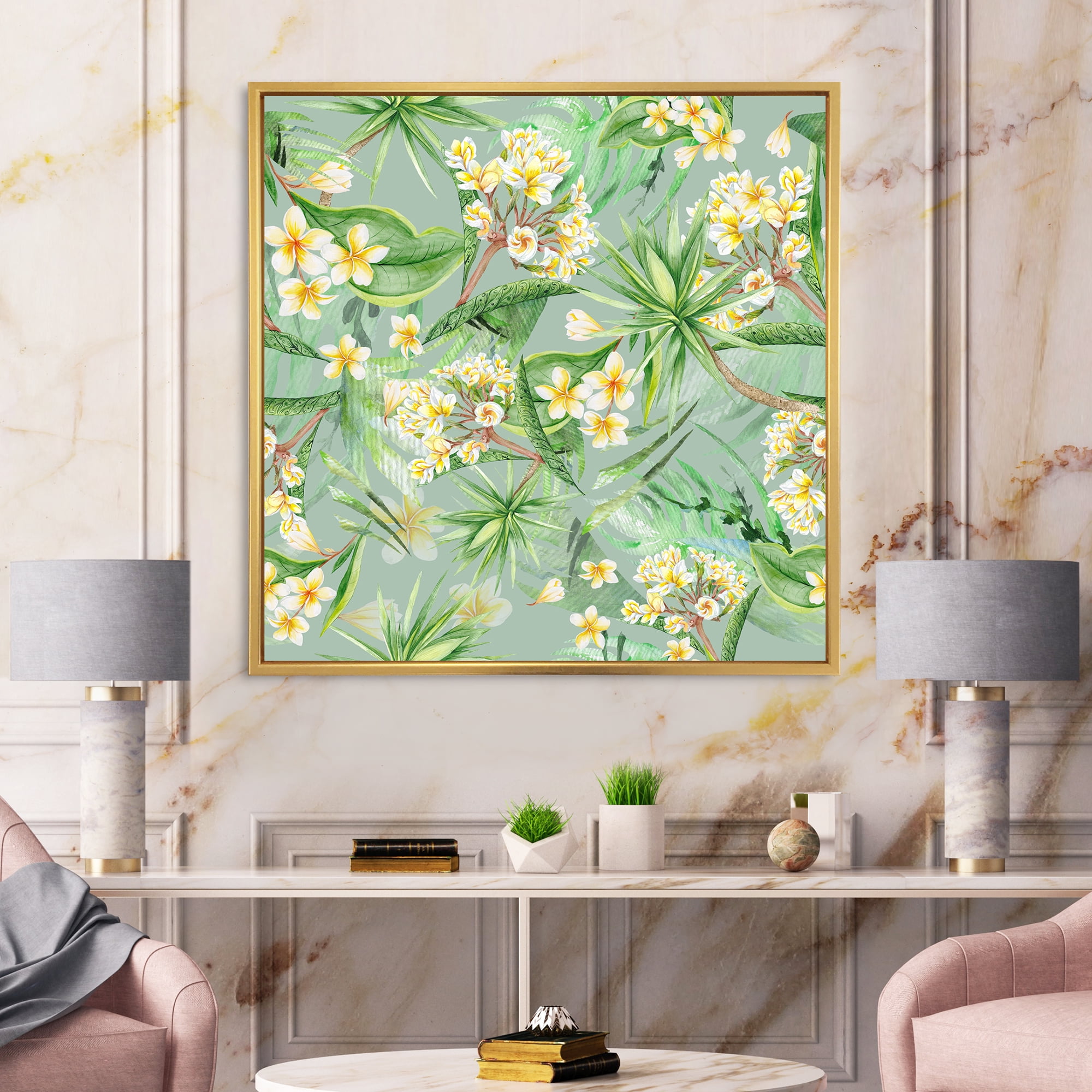 Designart 'Yellow Flowers and Tropical Foliage XIV' Modern Framed Canvas Wall Art Print