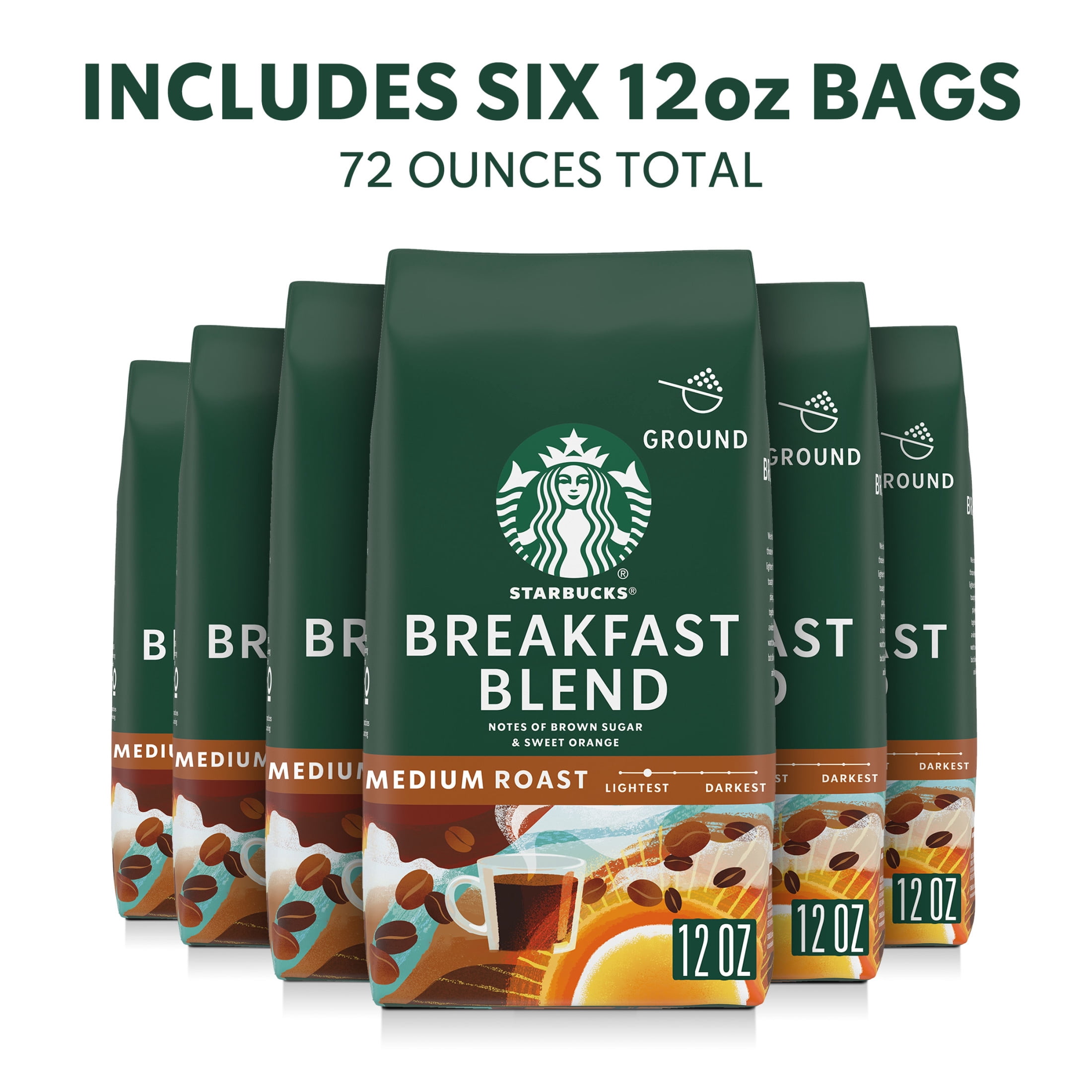 (6 pack) Starbucks Breakfast Blend, Ground Coffee, Medium Roast Hot or Iced Coffee, 12 oz (6 Bags)