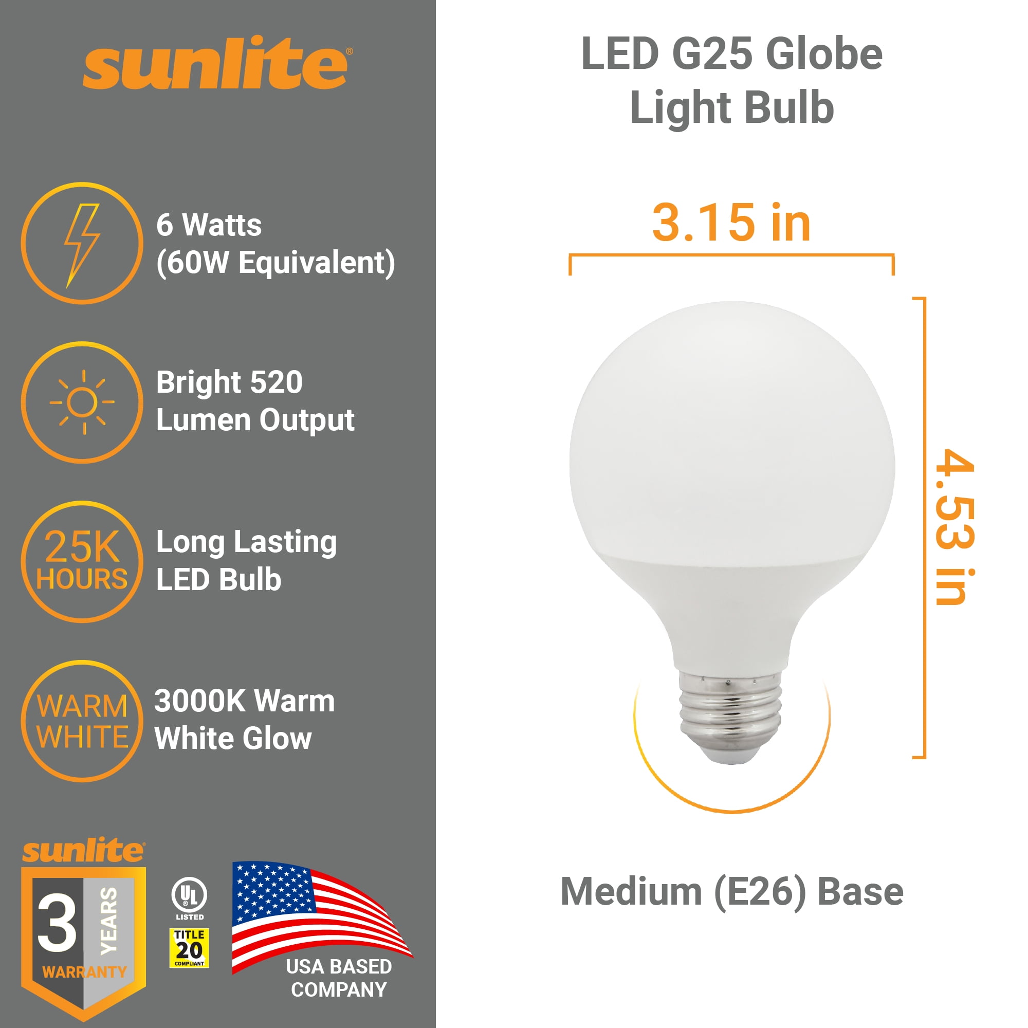 Sunlite G25 LED Globe Bulb - 6W (60W Equivalent) Dimmable Soft White 2700K E26 Base
