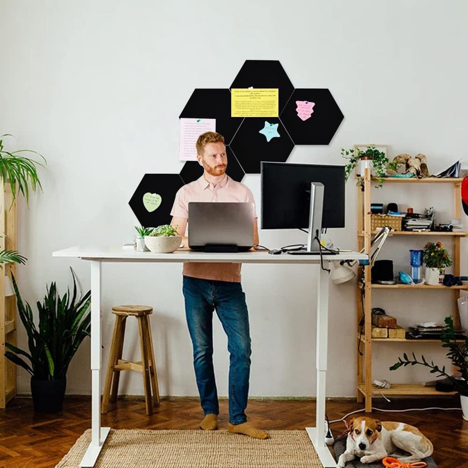 6 Pcs Hexagon Bulletin Board with 50 Pushpins & Sticky Note Adhesive Cork Board for Wall，Felt Pin Board for School，Office Decor（Black）
