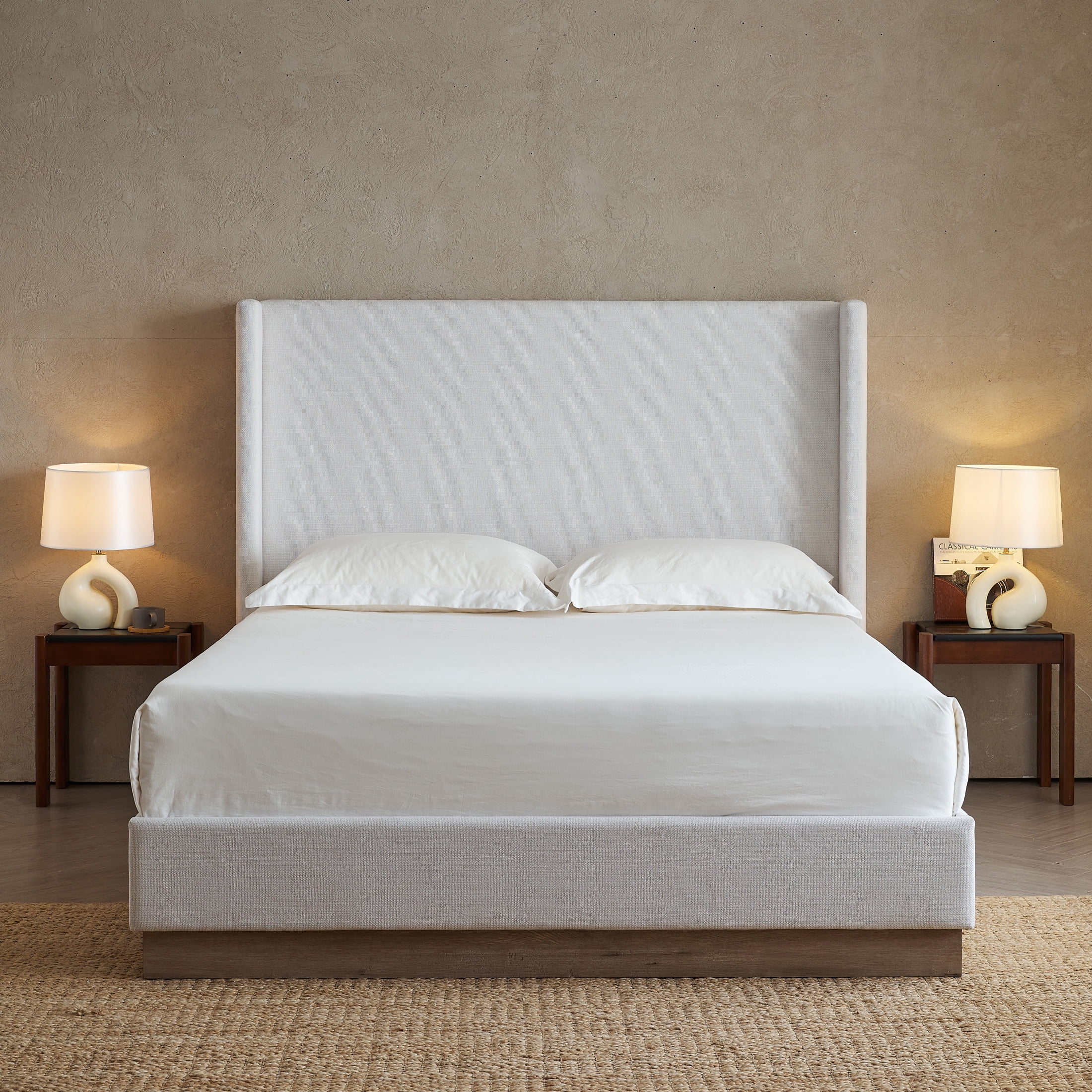 Noble House Hosford Full Canvas Upholstered Wingback Bed, Wood Base Platform Bed with Wingback Headboard, Ivory