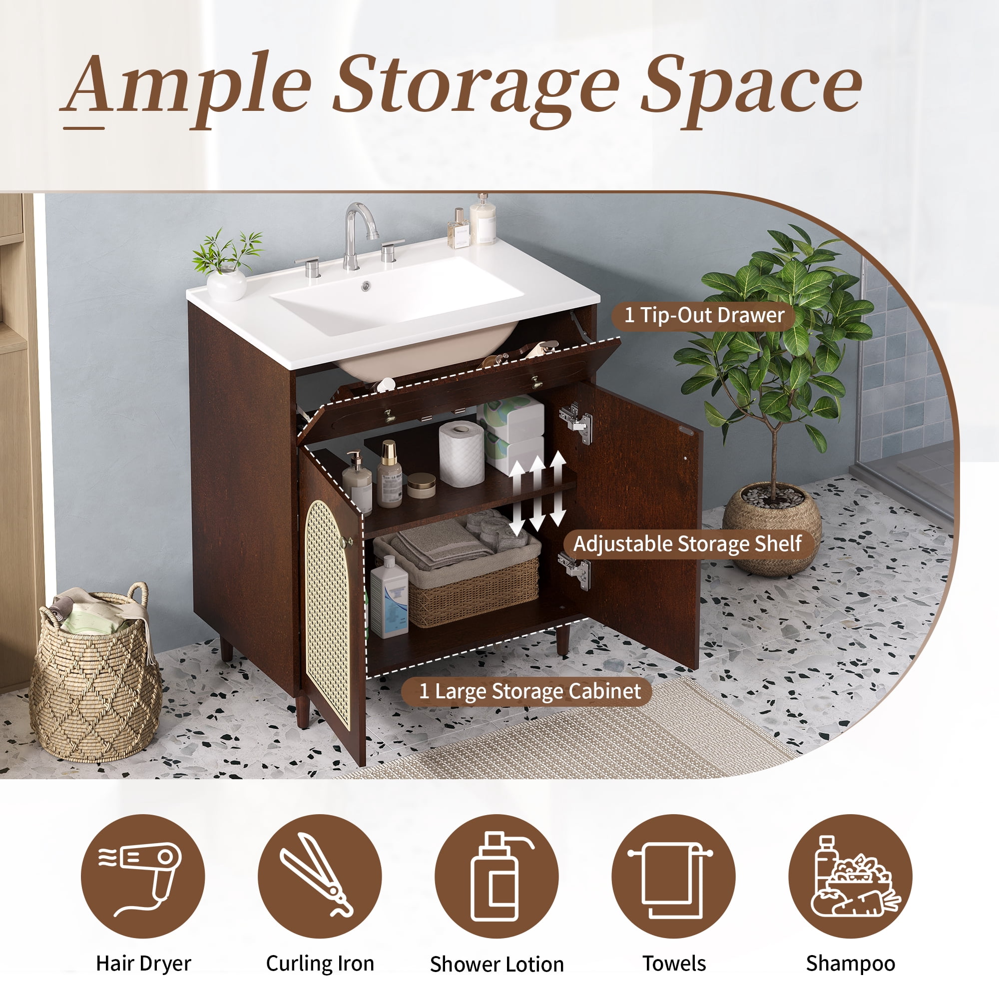 Harper & Bright Designs 30" Rattan Bathroom Vanity with Sink, Single Sink Bathroom Vanity with Tip-Out Drawe and Adjustable Shelf, Freestanding Bathroom Storage Cabinet with Ceramic Basin, Walnut