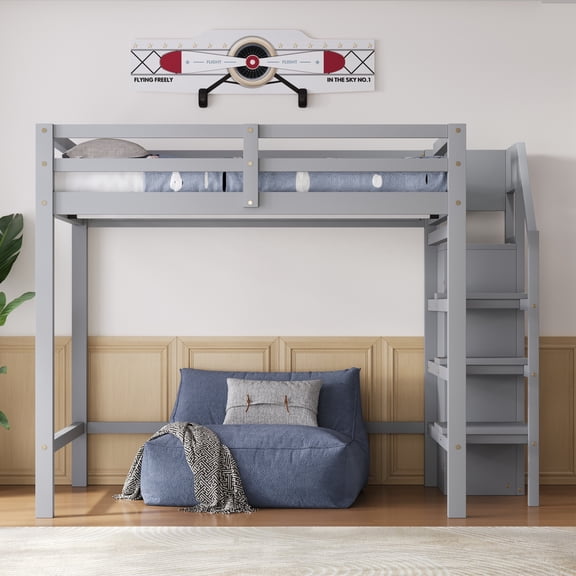 Euroco Full Size Loft Bed with Storage Wardrobe, Gray
