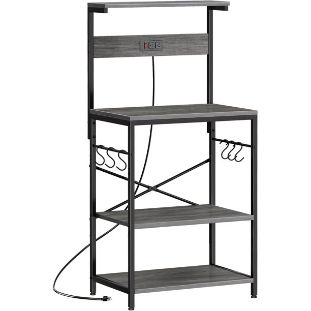 Kitchen Bakers Rack with Power Outlet, Coffee Bar Table 4 Tiers, Kitchen Microwave Stand with 6 S-shaped Hooks, Storage Shelf Rack for Spices, Pots and Pans - Rustic Brown