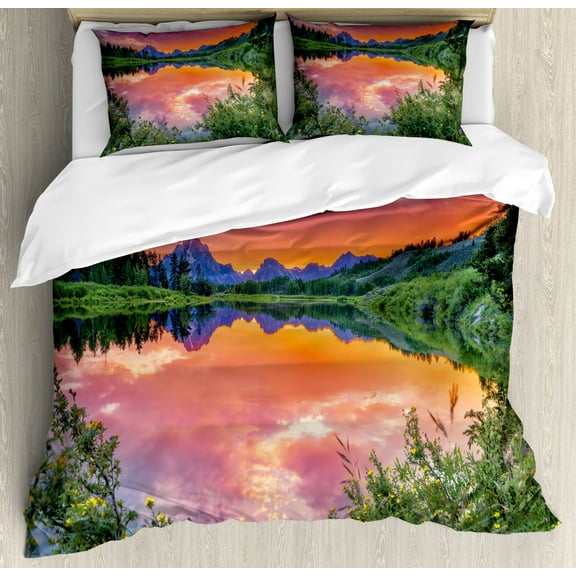 Mountain Duvet Cover Set Queen Size, Colorful Sunset Reflection On River Nature Meadow In Wyoming Photography, Decorative 3 Piece Bedding Set with 2 Pillow Shams, Orange Green Purple, by Ambesonne