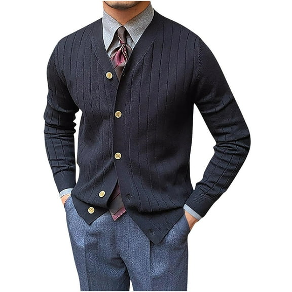 Mrmaere Men's V-Neck Button-Front Knit Cardigan Ribbed Texture Stylish Comfortable Outerwear for Formal & Daily Black L