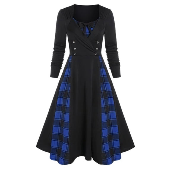 Ichuanyi Woman Dress Women Retro O-Neck Long Sleeve Bow Plaid Print Button Patchwork Midi Vintage Dress