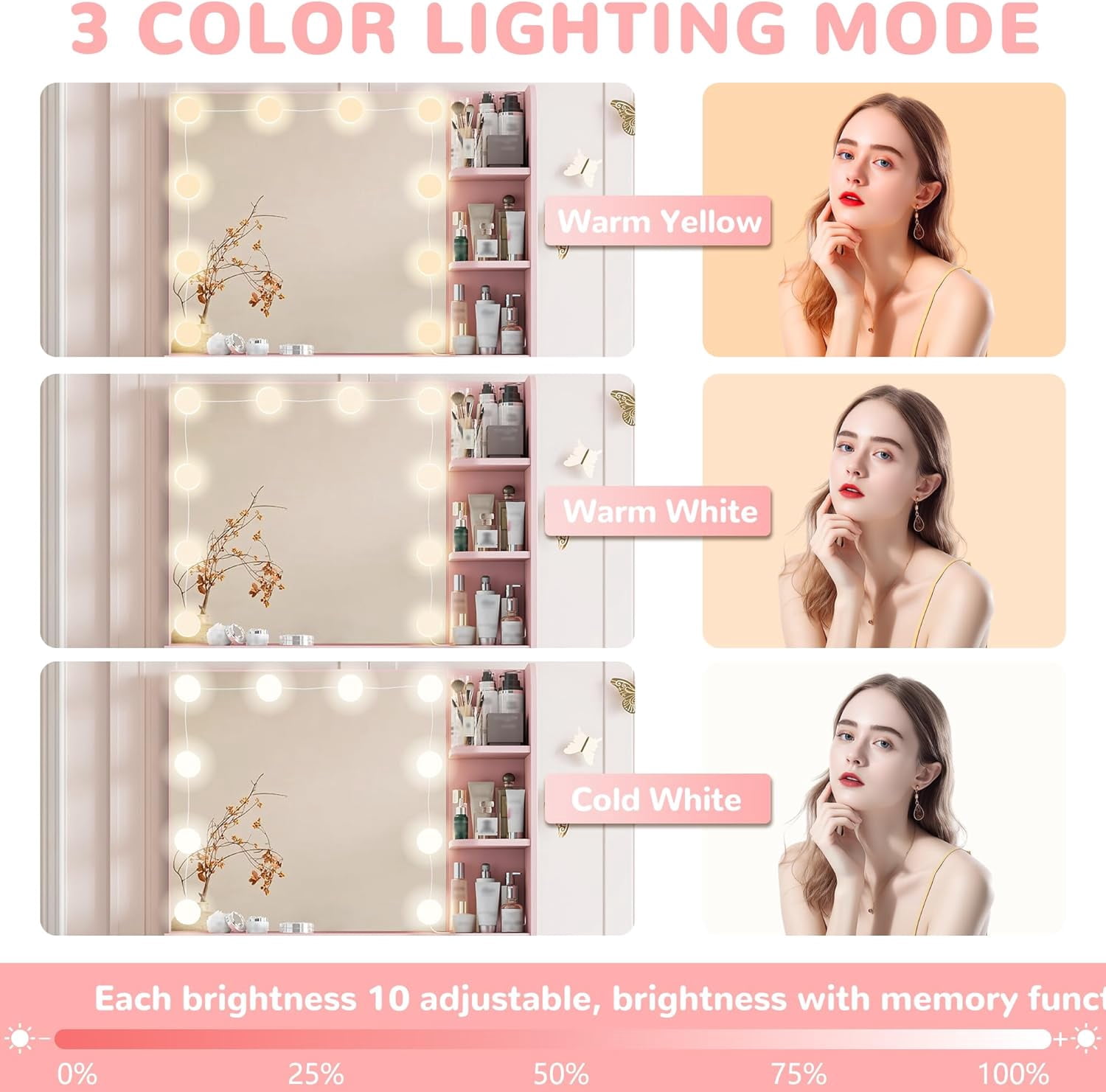 Vanity Desk with Mirror and Lights, Akaber 26.4" Makeup Vanity with Large Drawer, 6 Storage Levels, Small Pink Vanity Desk with Large LED Mirror