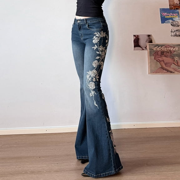 2026 New American Retro Women's High Waist Floral Rose Embroidery Flared Bell Bottom Denim Jeans
