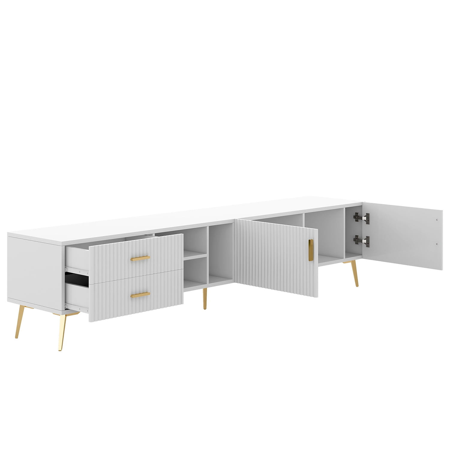Kadyn Modern Entertainment Center, MDF TV Stand with 5 Champagne legs, Entertainment Center TV Console for TV up to 77", White