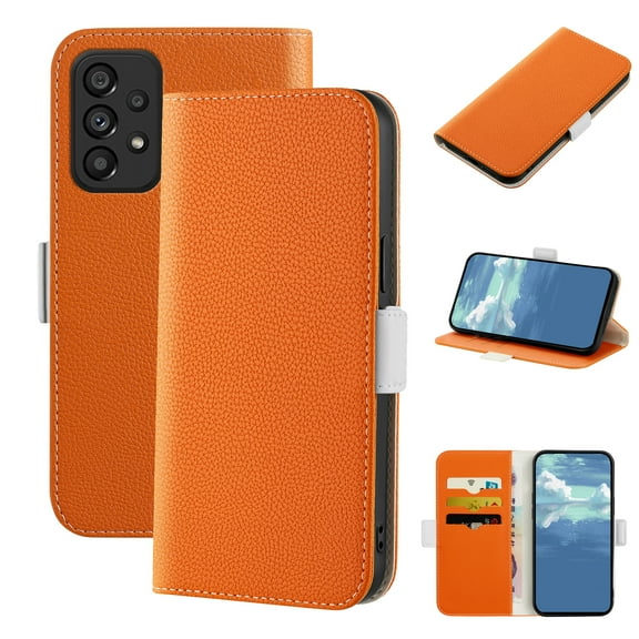 Dteck for Samsung Galaxy A53 5G 6.5 inch Wallet Case,Candy Color Lychee Texture Leather Magnetic Closure Card Slots Folio Flip Holder Full Protection Phone Cover,Orange