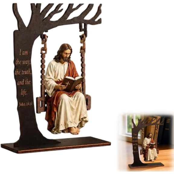 1 Pack Christian Jesus Swing Ornament, Jesus Bible Reading Wooden Desktop Decor with Inspirational Scripture Frame, Religious Faith Gift for Shelf, Desk, Prayer Room