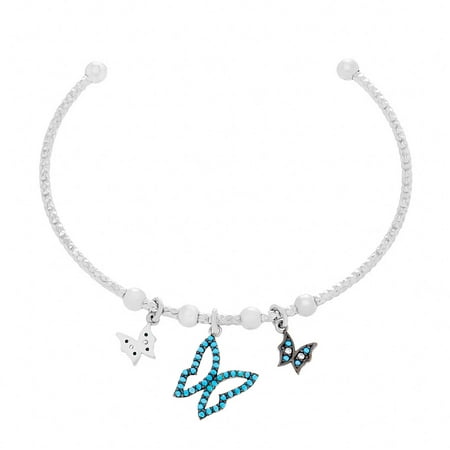 Lesa Michele Turquoise/Clear Cubic Zirconia Sterling Silver Dangling Butterflies Textured Bangle