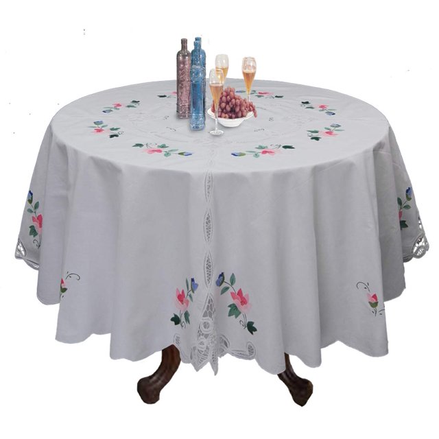 Creative Linens Battenburg Lace Tablecloth 68" Round with Hand Applique Roses , White 100% Cotton