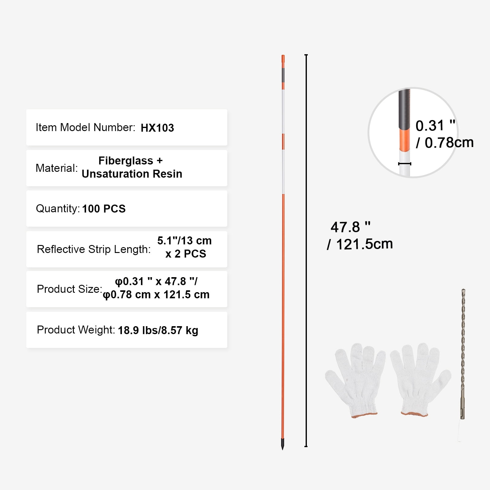 KFFKFF 100 Packs of 48" Reflective Driveway Markers,  Lane Markers, Orange Snow Plow Stakes, 0.32" Fiberglass Poles