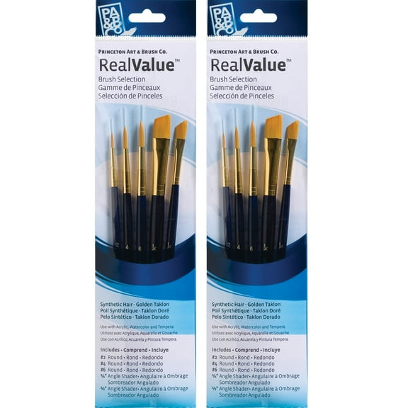 Princeton RealValue Brush Set, Gold Taklon Bristles, Short Handle Mixed Media Paintbrush, Dark Blue, 5 Per Set, 2 Sets