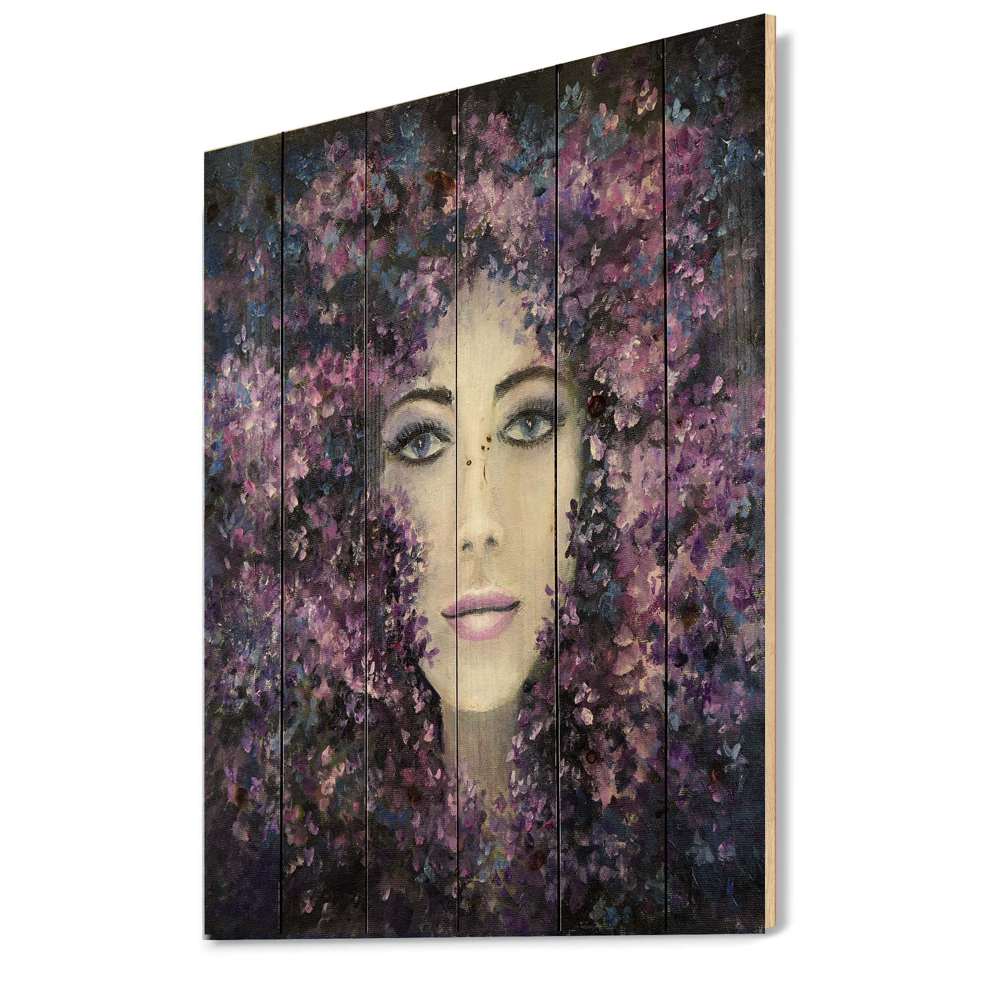 Designart 'Portrait of A Lady With Purple Lavender Flowers' Modern Print on Natural Pine Wood