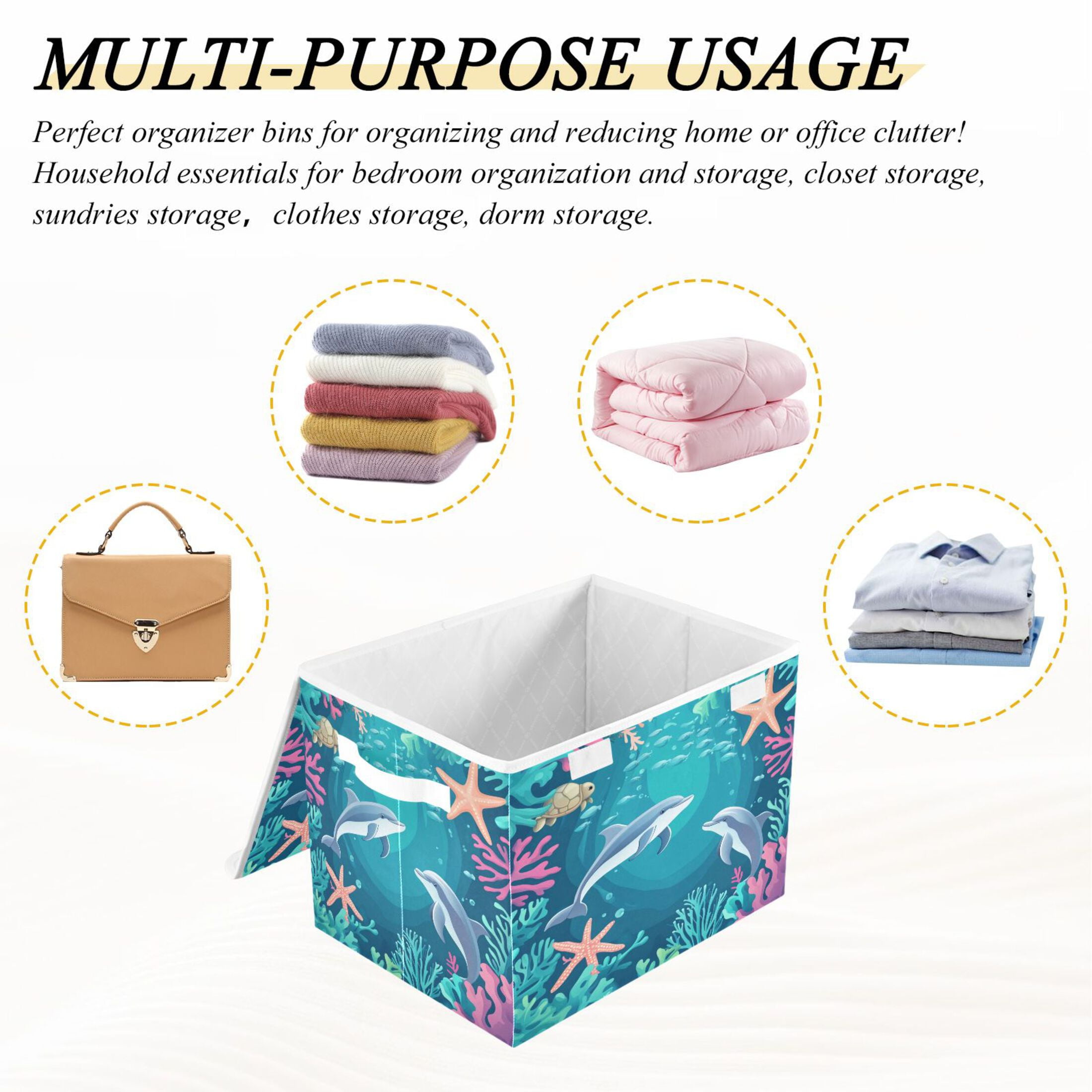 WOBOGO Dolphin Playful Picture Large Collapsible Storage Box Flip Lid Fabric Decorative Organizer Container Basket with Handles 16.5×12.6×11.8in