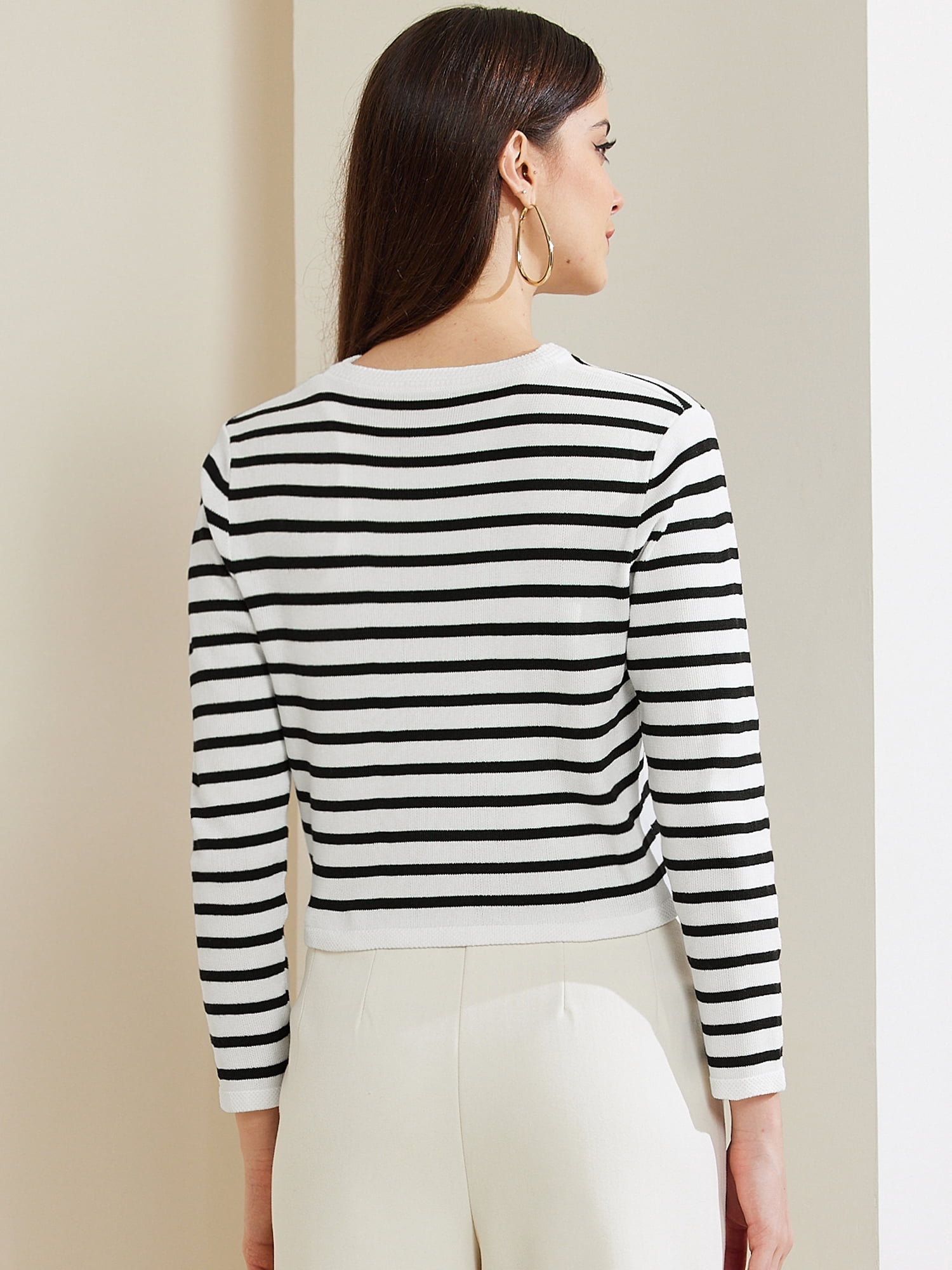 DARING DIVA Women's Trendy Knit  Button Down Striped Sweater M White Black