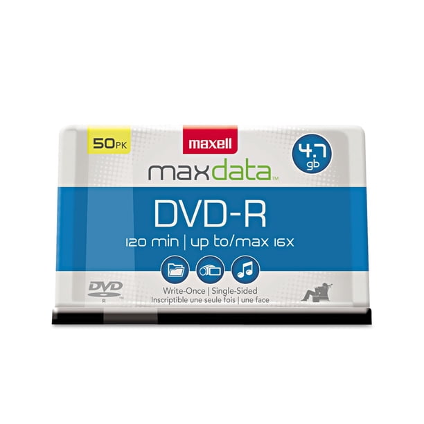Maxell 638011 Superior Archival Life Construcción De Tinte Azoico Metálico Formato De Escritura Una Vez Dvd-R Eje De 4,7 Gb Paquete De 50 Discos