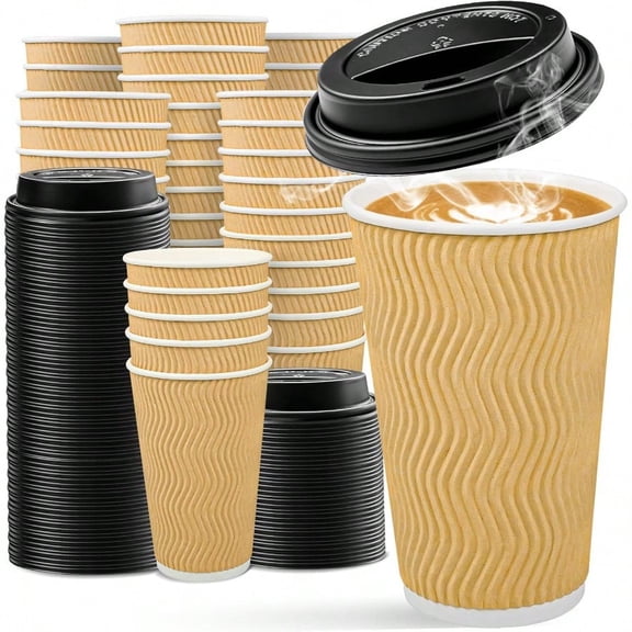 100 Pack Disposable Coffee Cups with Lids 16 oz Insulated Ripple Wall To Go Paper Cups for Party Home and Travel - Beige