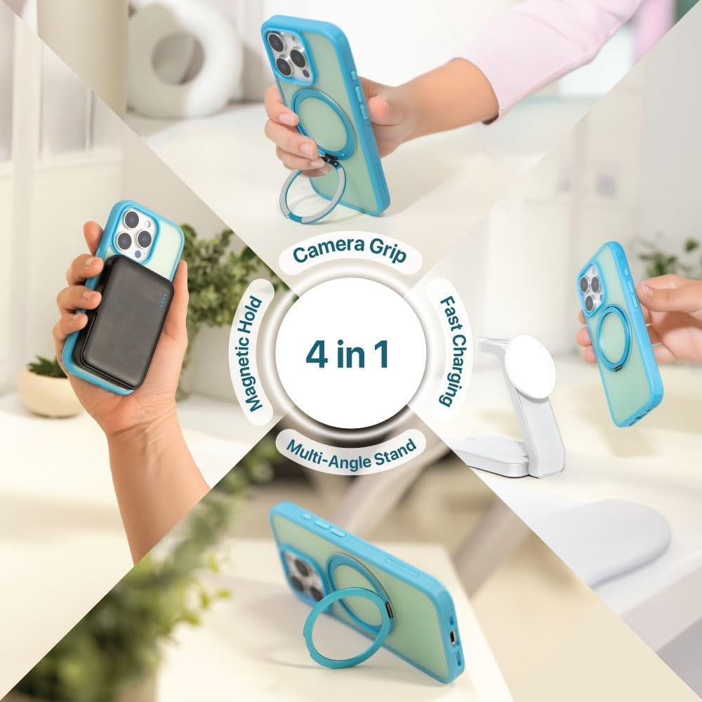 BLACK+DECKER 360°Spin Magnetic Stand for iPhone 16 Pro Case, Compatible with MagSafe Protective Stylish for iPhone 16 Pro Case for Women, Ostand Kickstand Rotatable, Lanyard, Extra Buttons, Blue