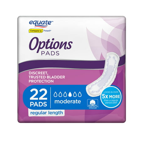 Equate Options Incontinence Pads for Women, Moderate, Regular, 22 Count ...