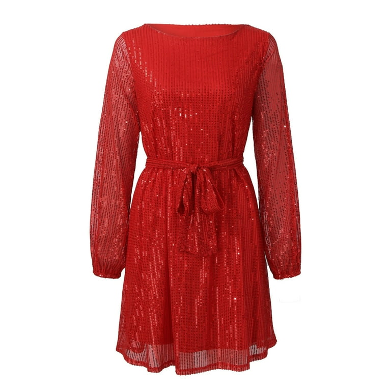 WTXUE Sequin Dress for Women, Women's Holiday Party Sequin Beaded Lace Up  Long Sleeved Dress es, Petite Dresses for Women, Red Dresses for Women, Red  S - Walmart.com
